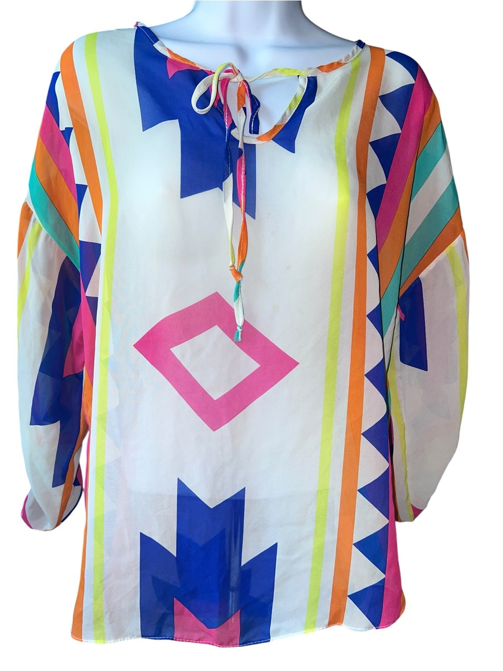 Moa Moa Sheer Geometric Print Blouse Women’s Large Roll Tab Sleeve Boho